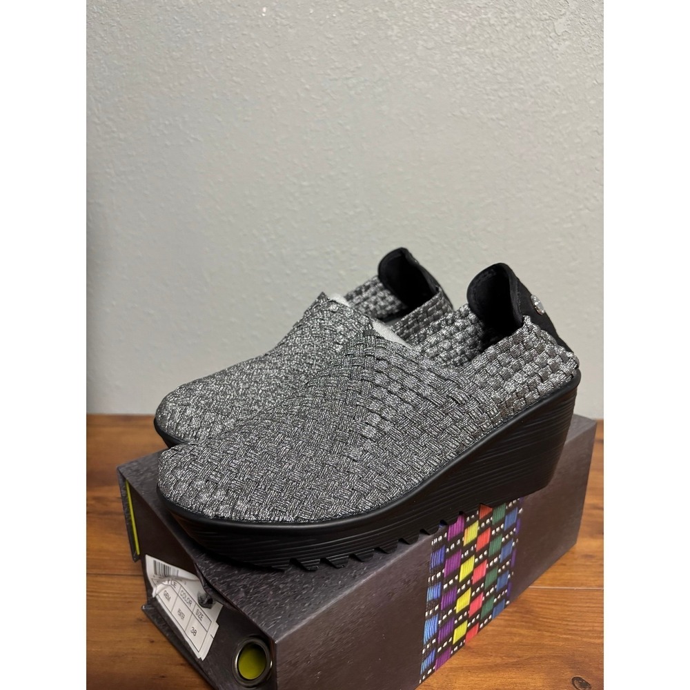 Bernie Mev Gem Pewter Woven Elastic Wedge Sneakers Size 38 US 7.5-8